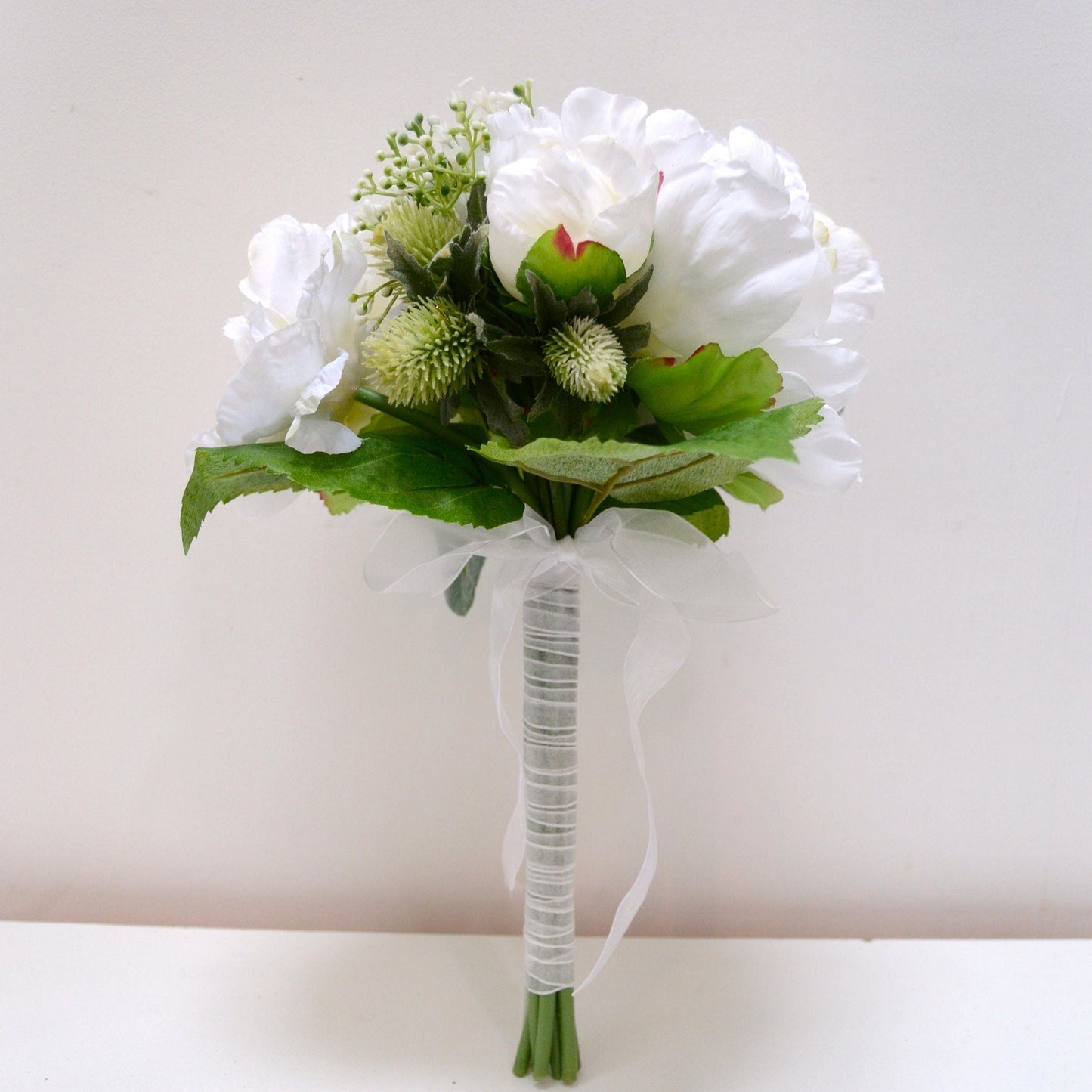 White Peony & Rose Bridal Bouquet with Thistle and Gypsophilia, artificial bouquet, artificial peony, wedding bouquet, faux flowers