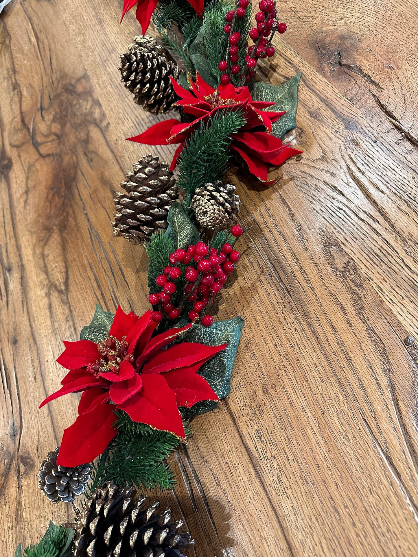 Artificial Majestic Red Poinsettia Flower Gold Pine Cone Garland 150cm Christmas Mantelpiece Decoration