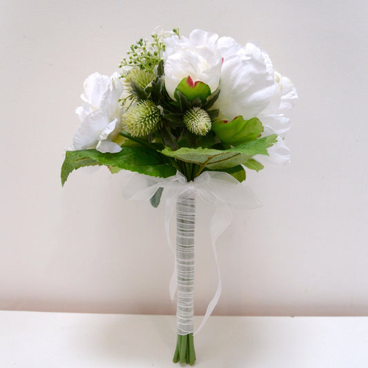 White Peony & Rose Bridal Bouquet with Thistle and Gypsophilia, artificial bouquet, artificial peony, wedding bouquet, faux flowers