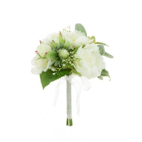 White Peony & Rose Bridal Bouquet with Thistle and Gypsophilia, artificial bouquet, artificial peony, wedding bouquet, faux flowers