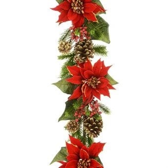 Artificial Majestic Red Poinsettia Flower Gold Pine Cone Garland 150cm Christmas Mantelpiece Decoration