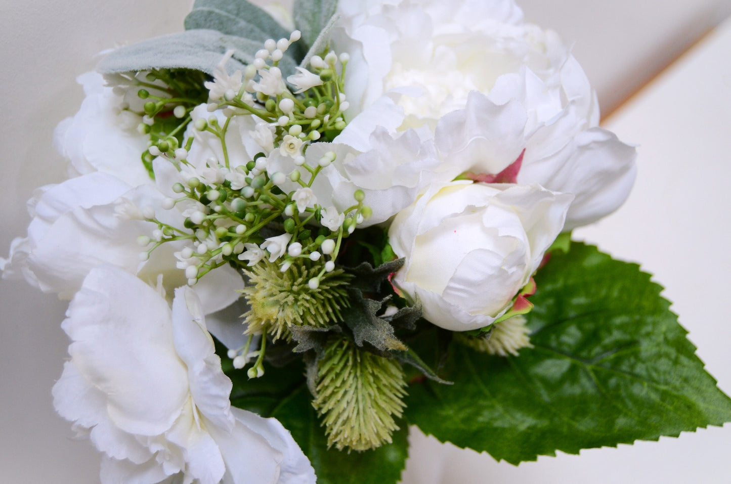 White Peony & Rose Bridal Bouquet with Thistle and Gypsophilia, artificial bouquet, artificial peony, wedding bouquet, faux flowers